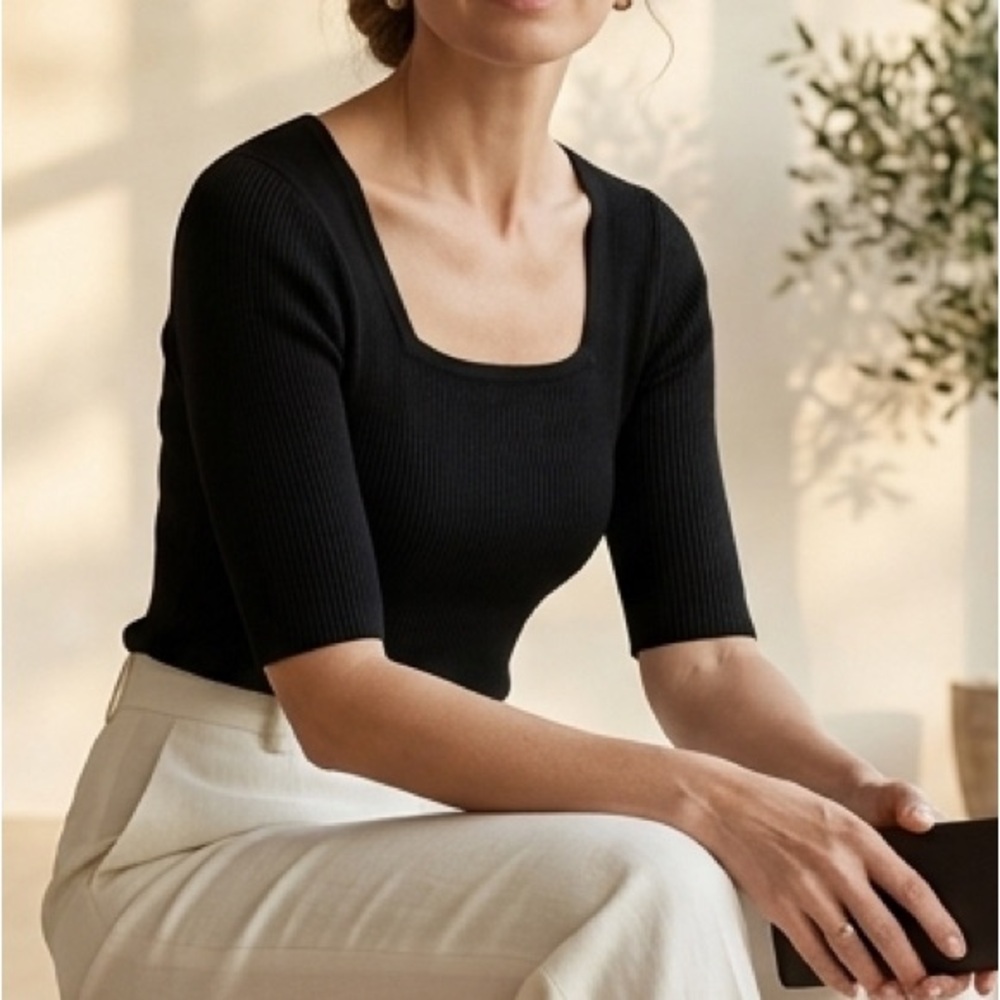 Premise Black Ribbed Square-Neck Short Sleeve Top